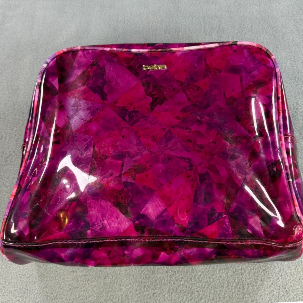 Bebe Pink Purple Geometric Crystal Print Makeup Bag Cosmetic Case Glossy Gold